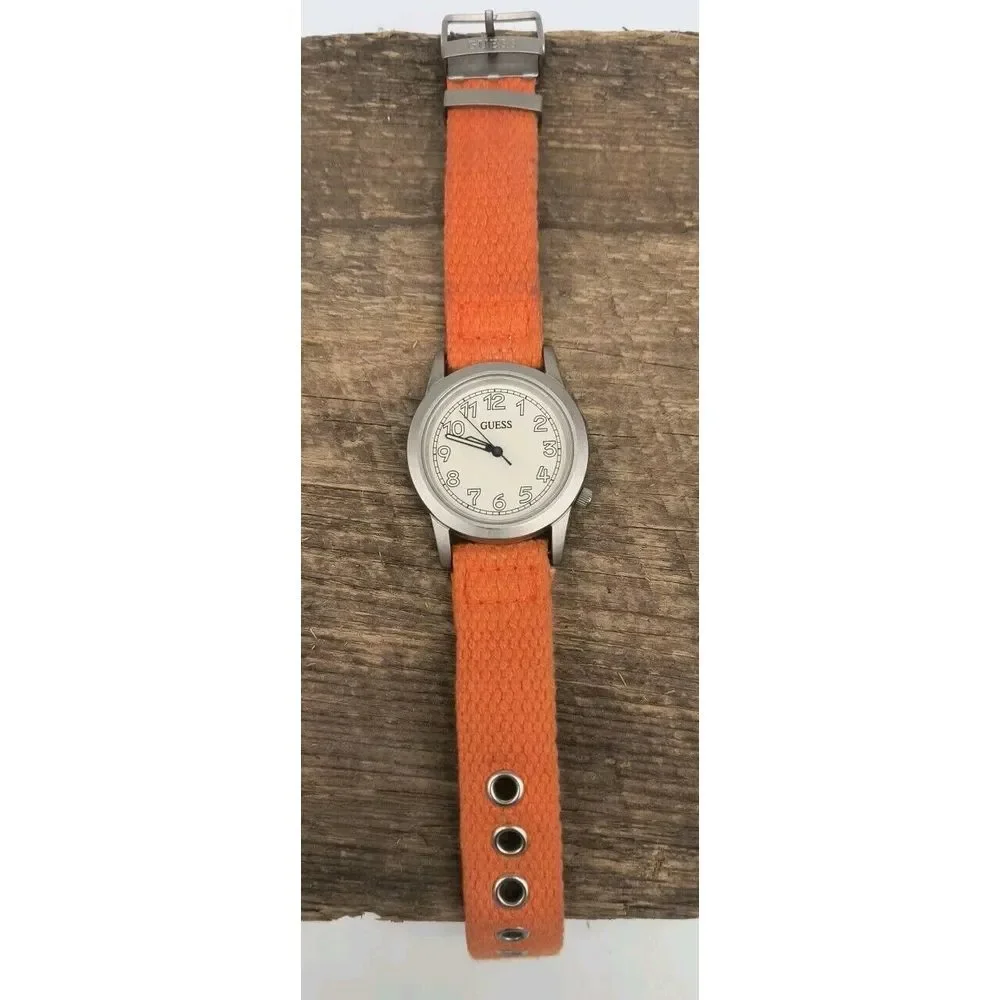 Vintage Guess 36mm Watch 1997 Silver Tone Orange Fabric Band - New Battery